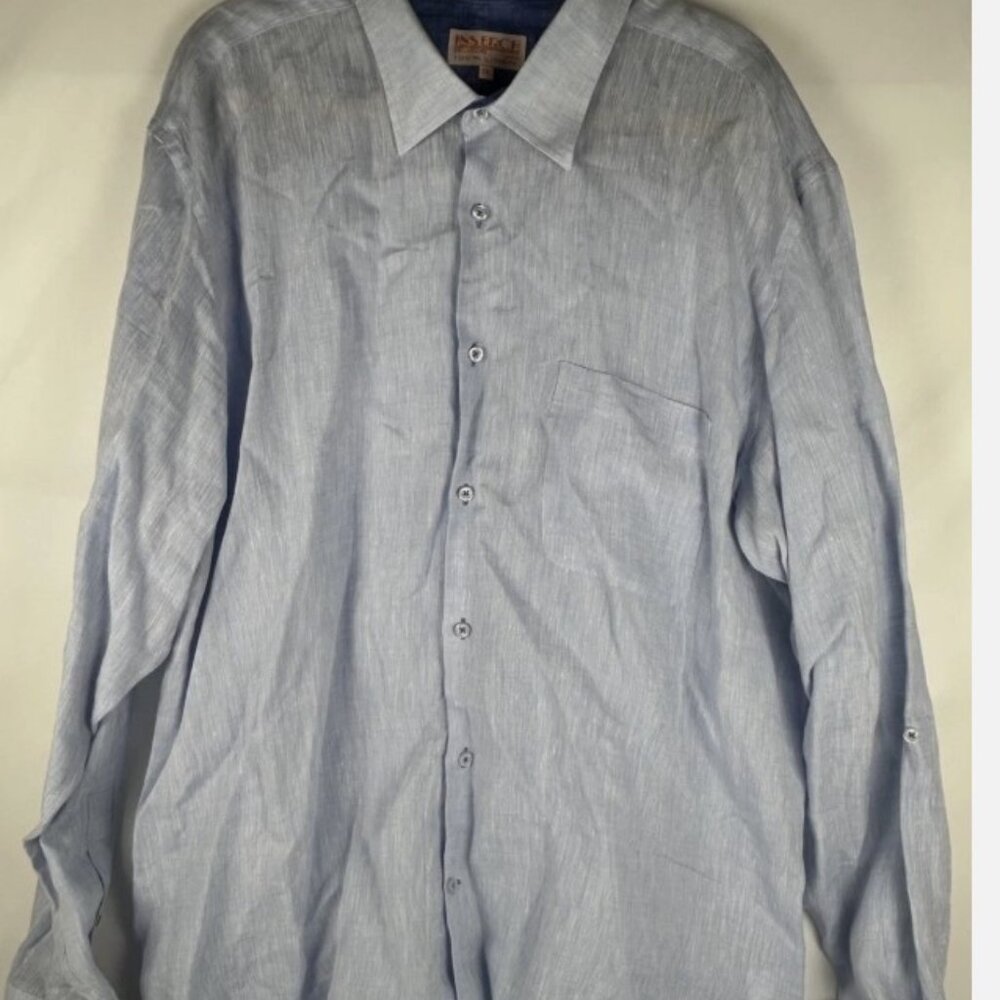 Inserch Blue 100% Linen Roll Tab Sleeve Shirt Mens 3XL Long Sleeve Pocket Solid